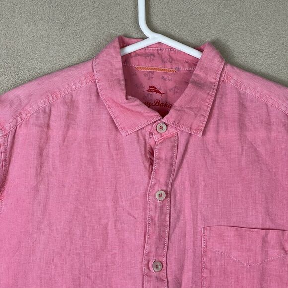 Tommy Bahama Shirt Adult Large Pink Linen‎ Hawaiian Pocket Beach Mens - Picture 2 of 13
